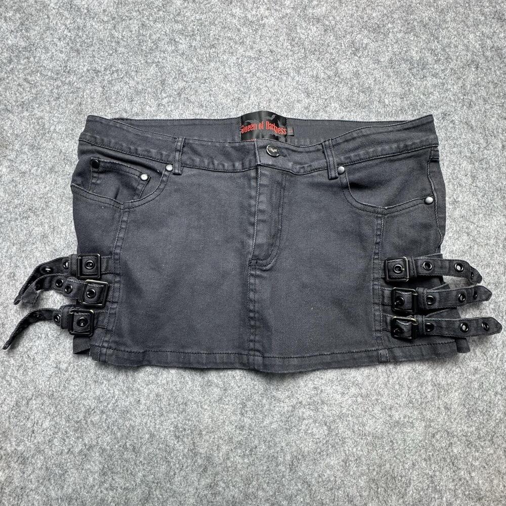 Queen Of Darkness Skirt Womens Large Black Denim Buckle Strap Mini Gothic Punk